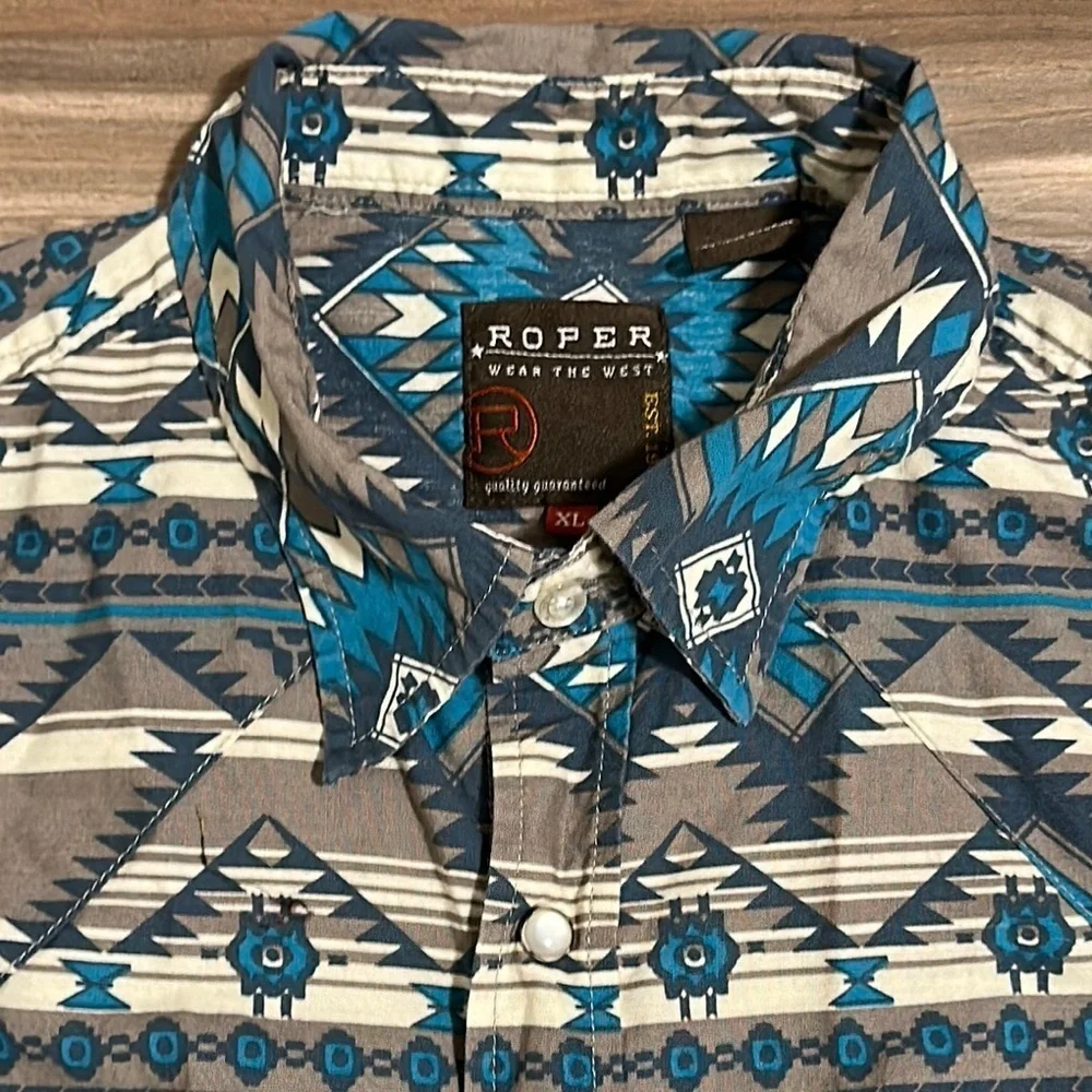 Roper Pearl Snap Short Sleeve Western Shirt Mens XL Blue Brown Aztec Print